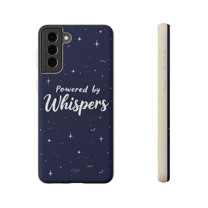 Eco-friendly Samsung case with 'Powered by Whispers' design, biodegradable, vibrant for both casual and formal use.