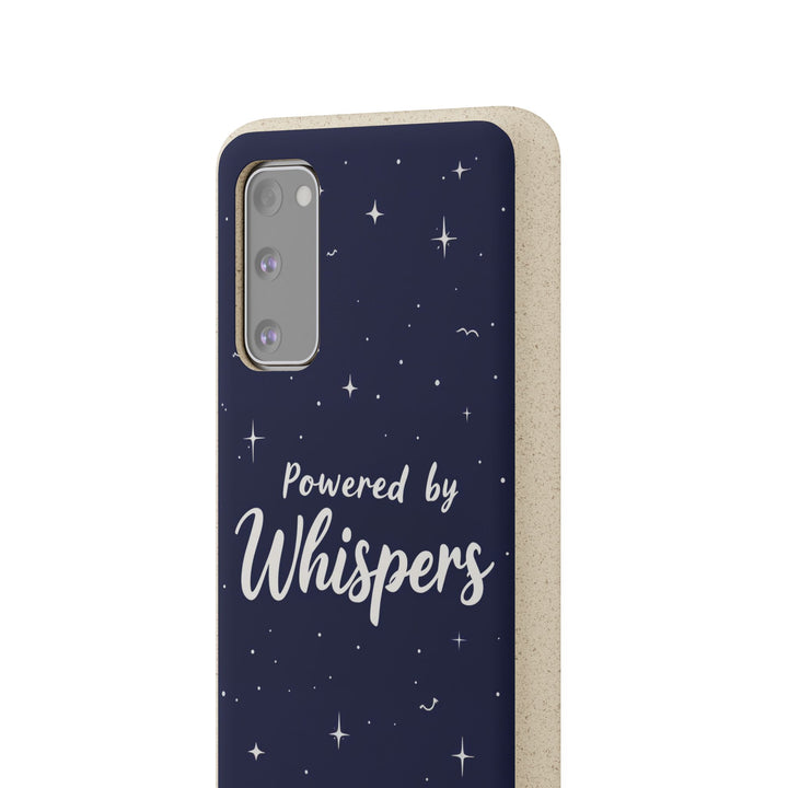 Eco-friendly Samsung case with 'Powered by Whispers' design, biodegradable and stylish for various phone models.