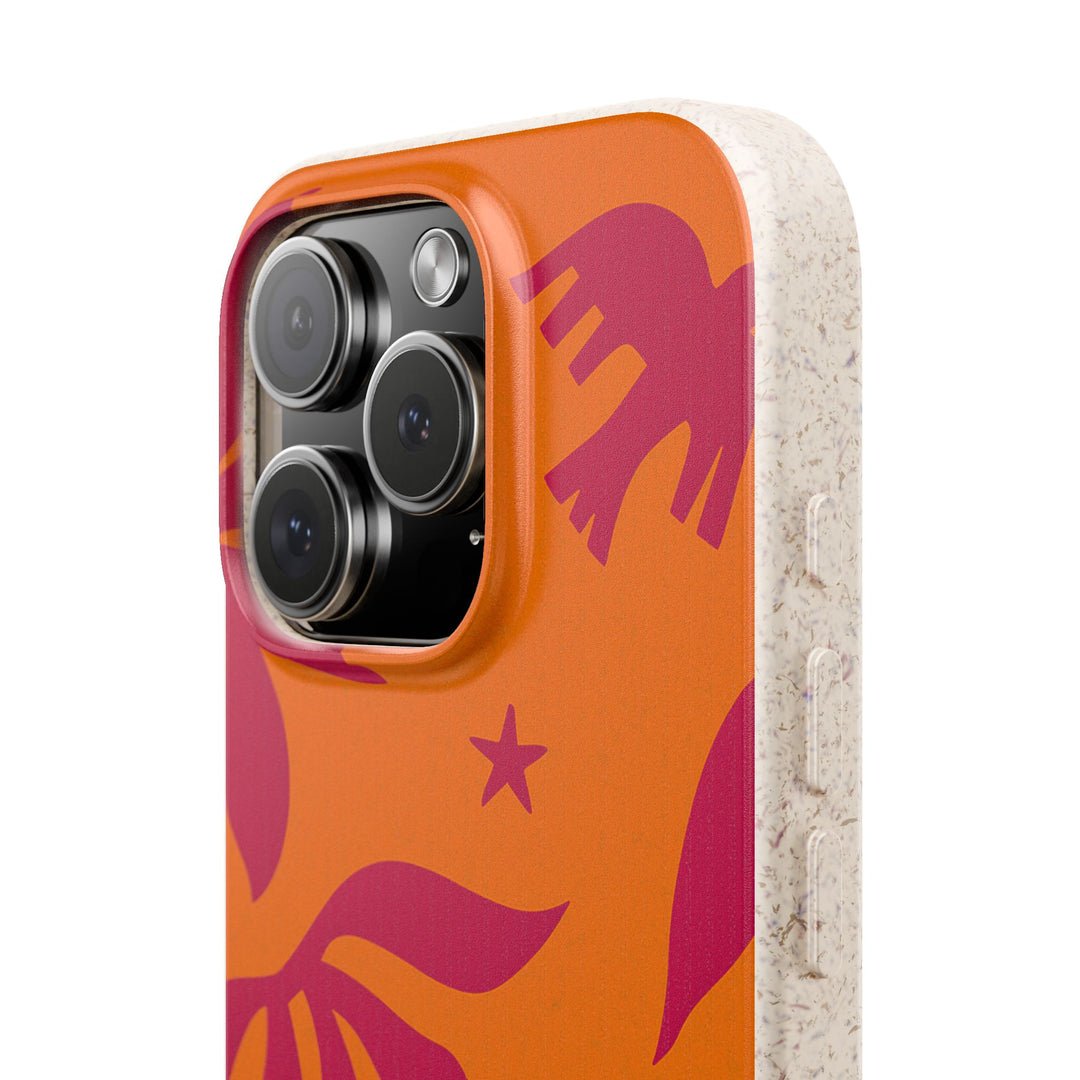 Eco-friendly phone case with vibrant orange and purple design, crafted for durability and style, compatible with many iPhone and Samsung models.