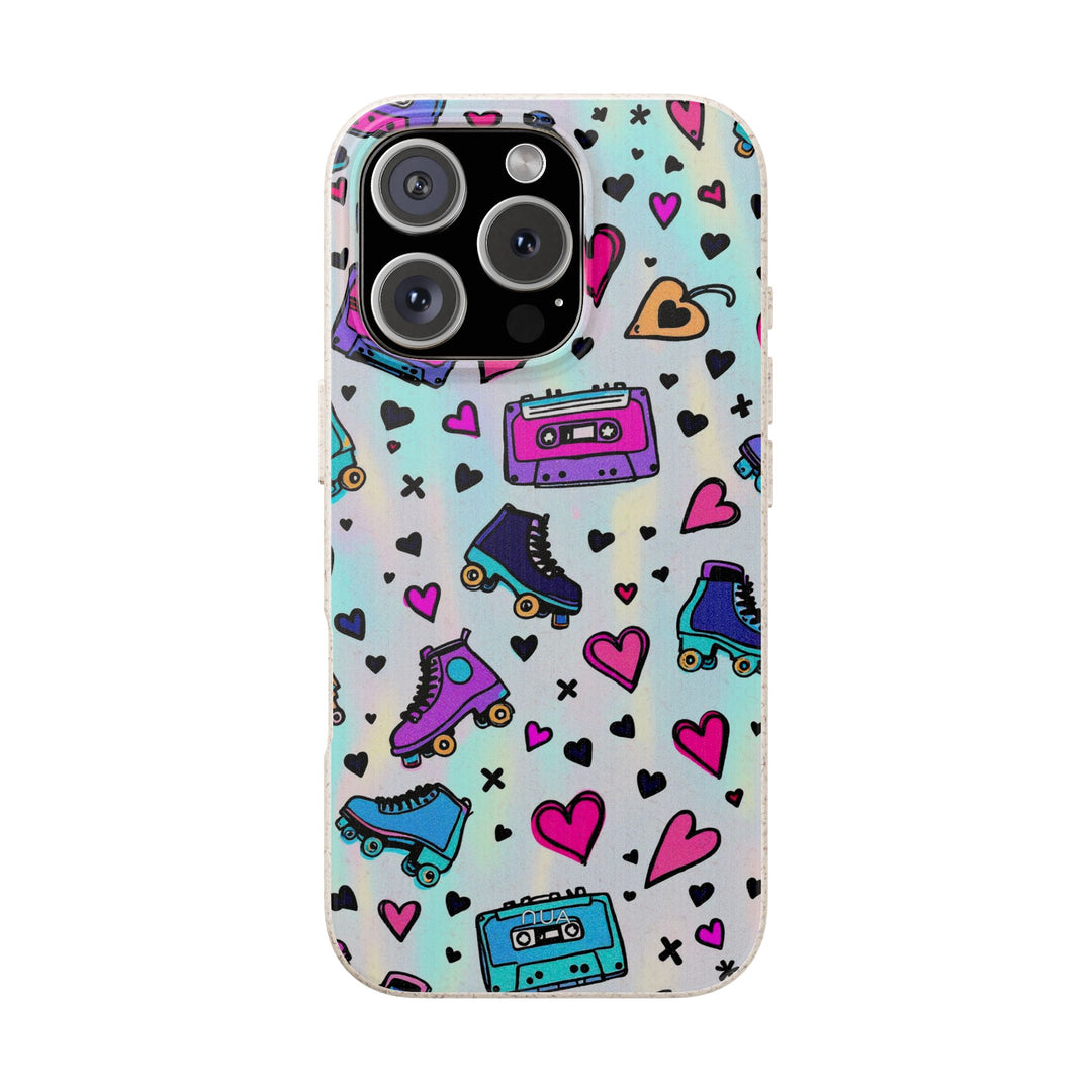 Eco-friendly retro roller skates iPhone case with vibrant colors, playful hearts, and durable design for many models.