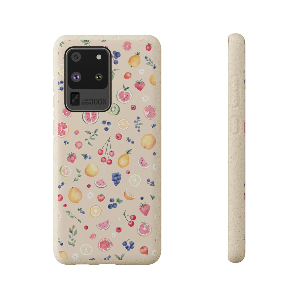 Eco-friendly Samsung case with vibrant fruit garden design, made from PLA and bamboo, durable for summer, fits many phone models.