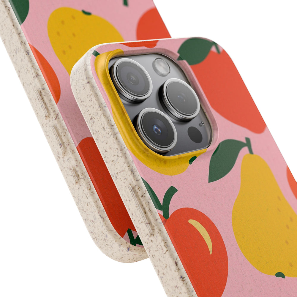 Eco-friendly fruit pattern phone case with vibrant colors, biodegradable material, and a stylish design, perfect for sustainable living.