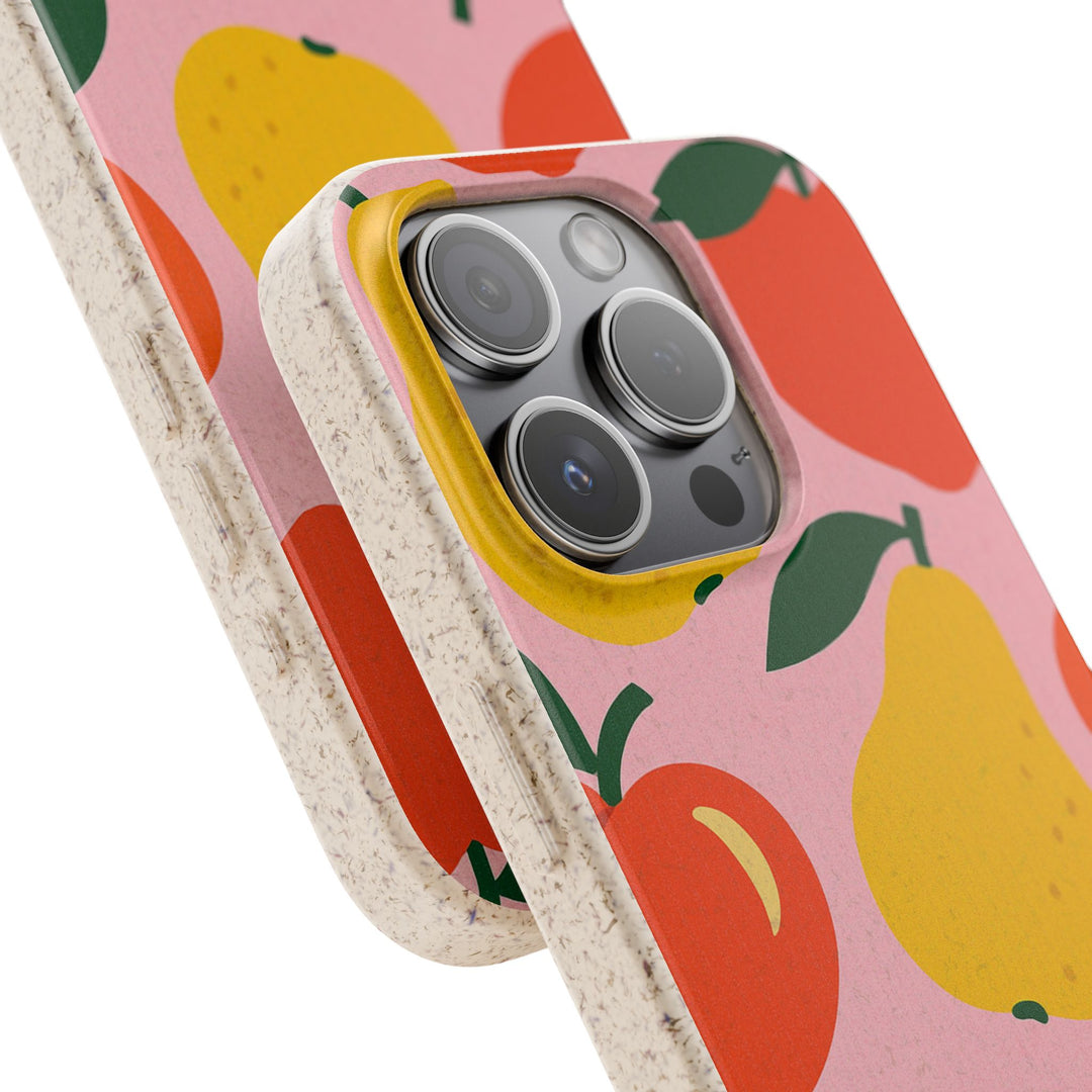 Eco-friendly fruit pattern phone case with vibrant colors, biodegradable material, and a stylish design, perfect for sustainable living.