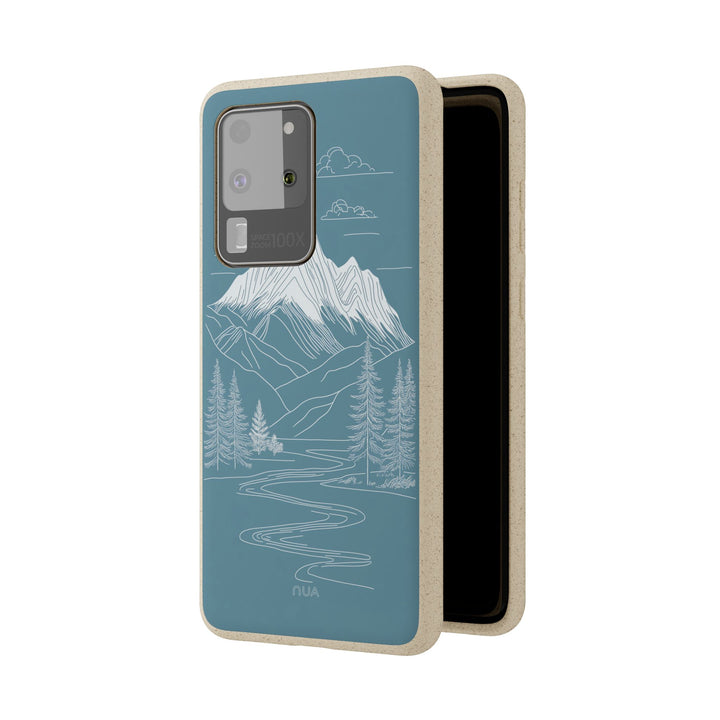 Eco-friendly Samsung case with serene mountain line art in white on blue, designed for durability and available for various models.