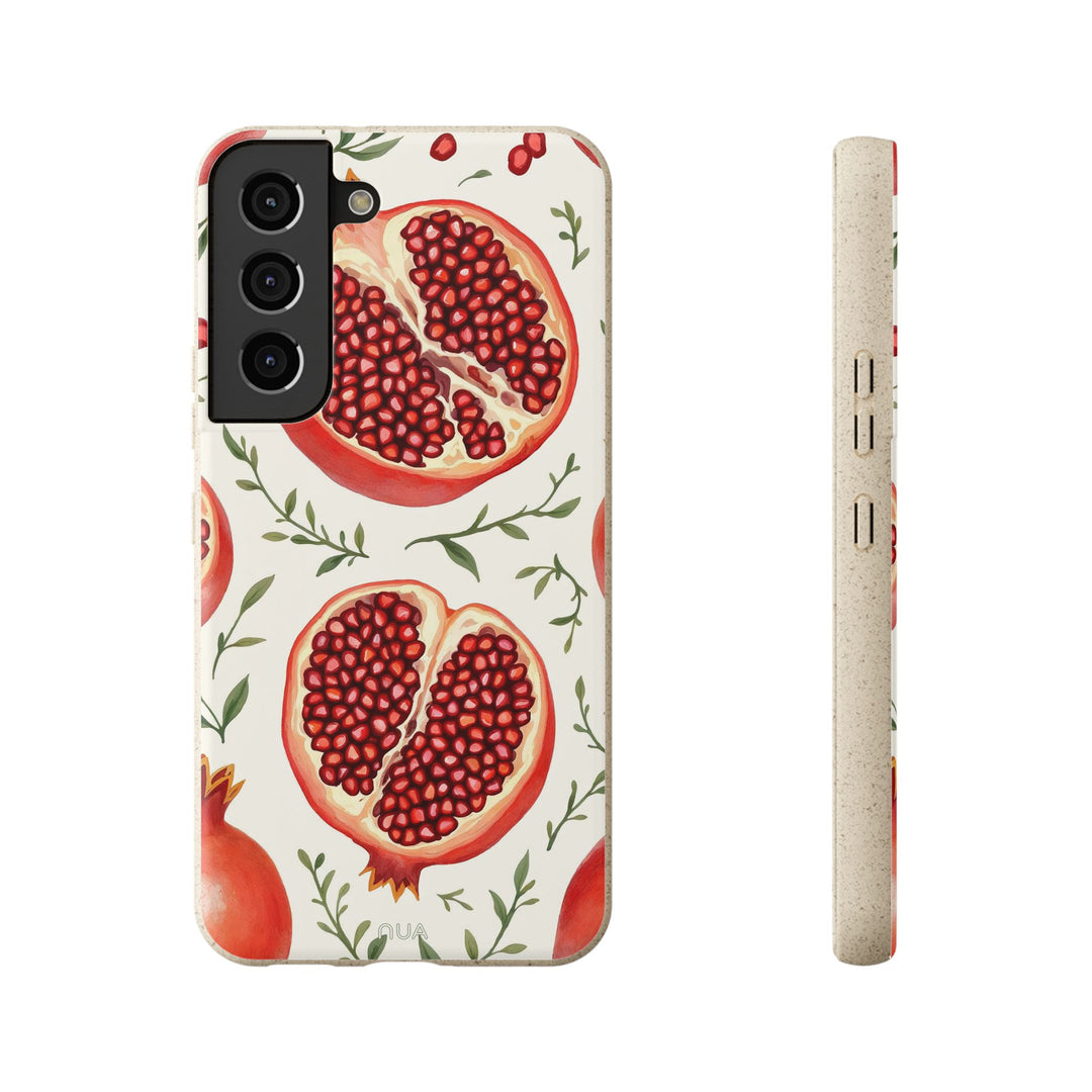 Vibrant eco-friendly pomegranate phone case for Samsung; biodegradable, durable, fits various models; ideal for Earth-conscious use.