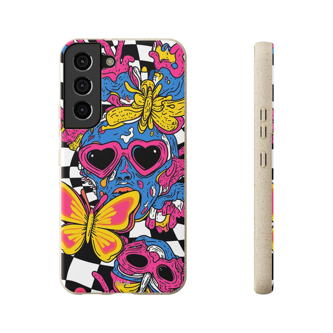 Psychedelic Love Bomb Samsung Case featuring vibrant skull and butterfly design, eco-friendly and biodegradable.