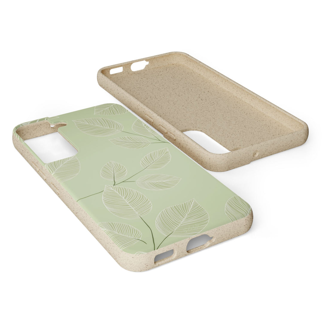 Eco-friendly Samsung phone case with green leafy design, biodegradable material, compatible with iPhone, ideal for eco-conscious style.