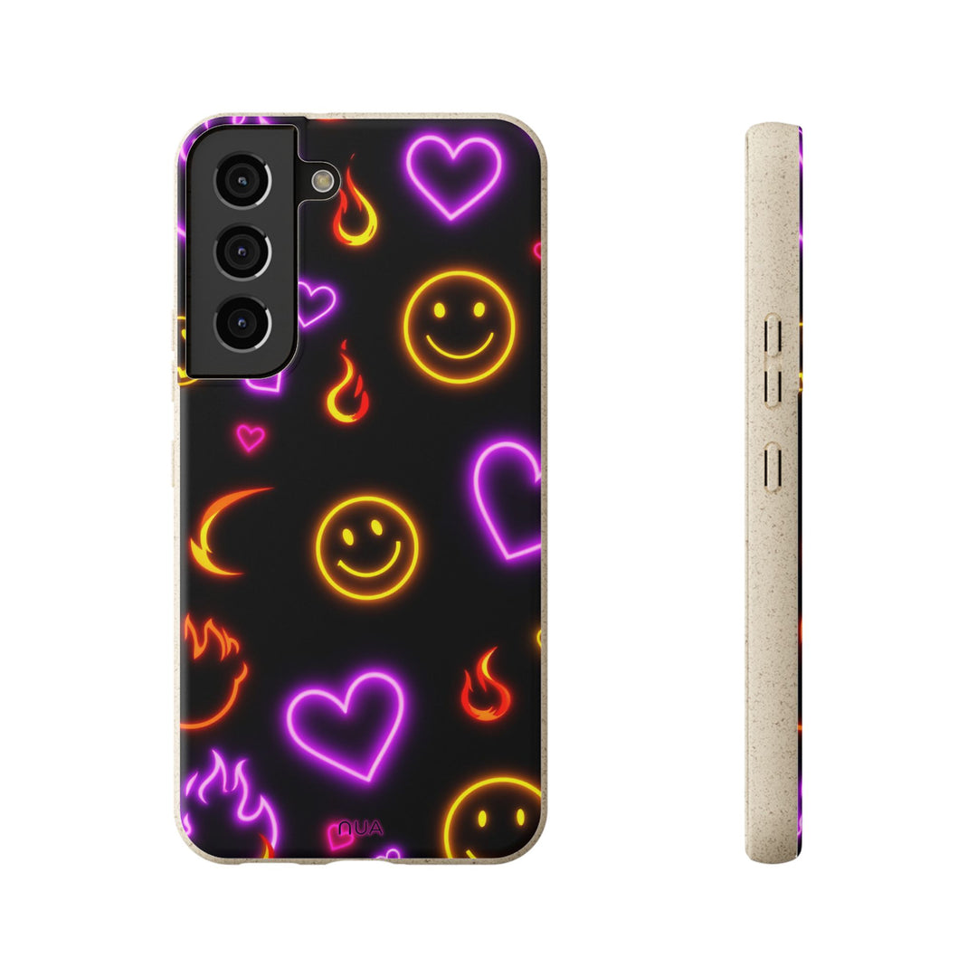 Eco-friendly Samsung case with cheerful emojis and bright flames design, fits many models, durable biodegradable protection.