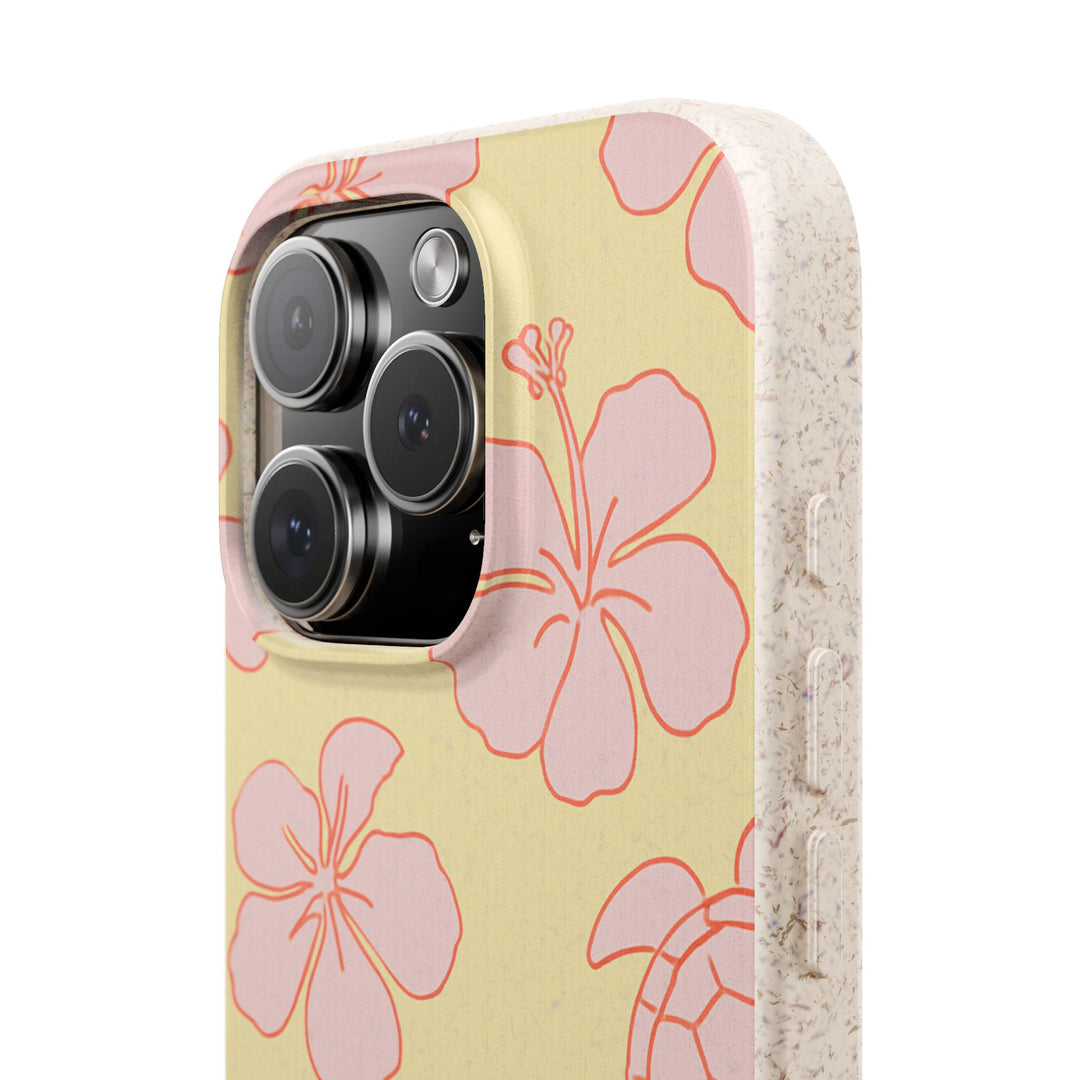 Eco-friendly iPhone case with floral and turtle design, durable and compatible with many iPhone and Samsung models.