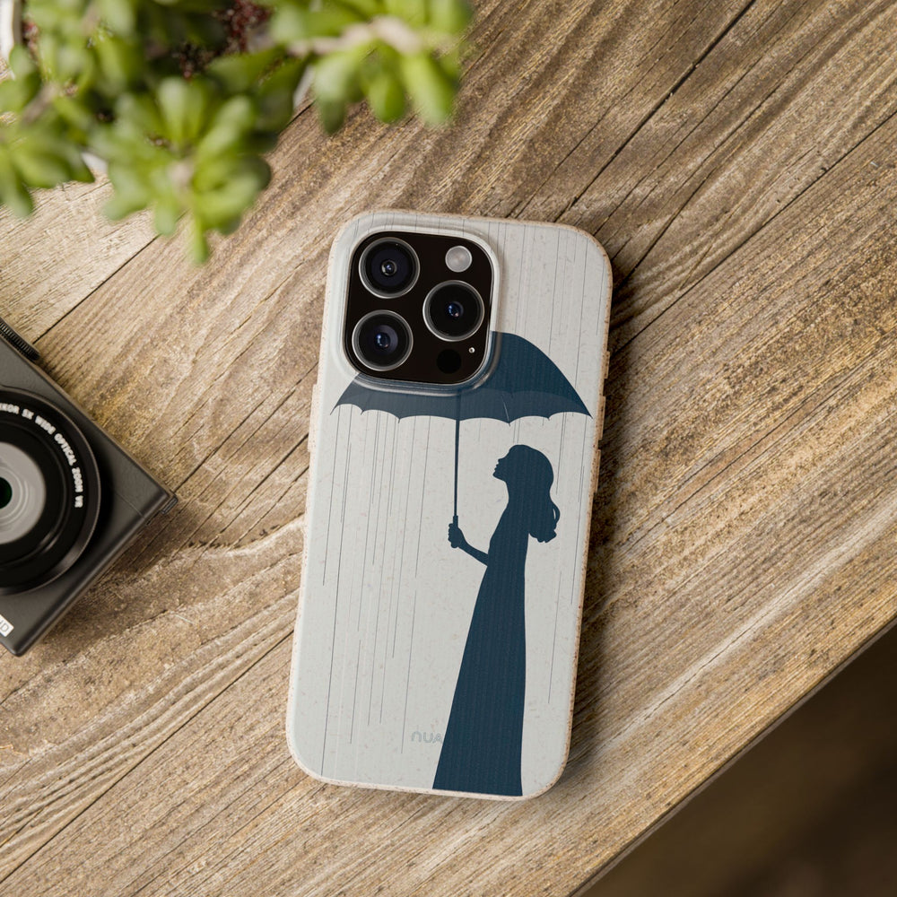 Eco-friendly iPhone cover with girl in rain design, durable and biodegradable. Fits many iPhone and Samsung models. Stylish sustainability.