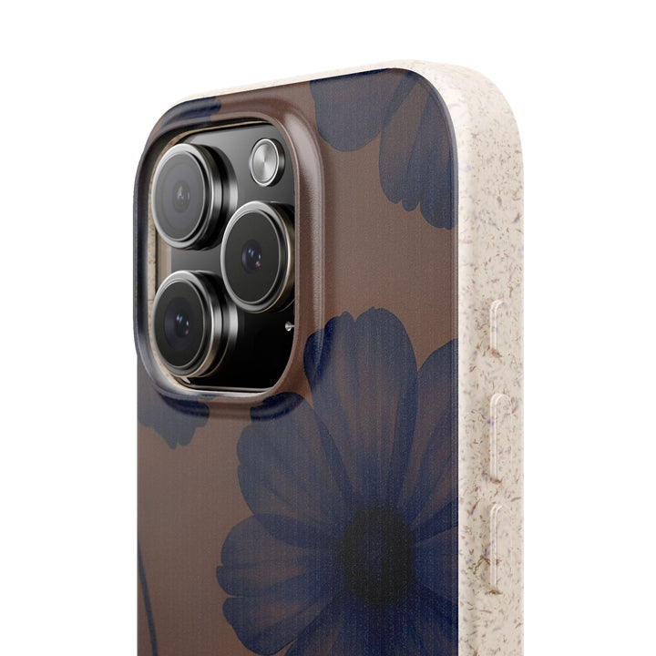 Eco-friendly phone case with deep blue flowers on mauve, fits many iPhone and Samsung models.