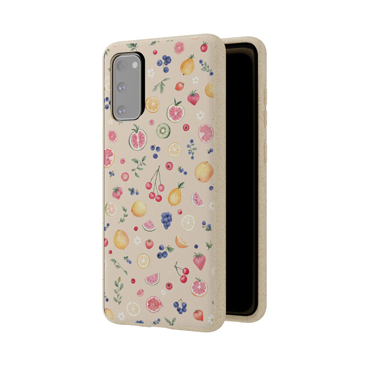 Eco-friendly Samsung case with vibrant fruit garden design, PLA plant polymer, durable, fits various iPhone and Samsung models.