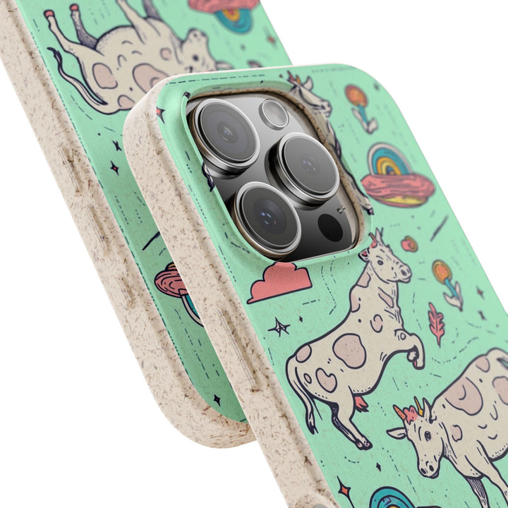 Eco-friendly iPhone case with whimsical cow and rainbow design for various iPhone and Samsung models, durable and stylish.