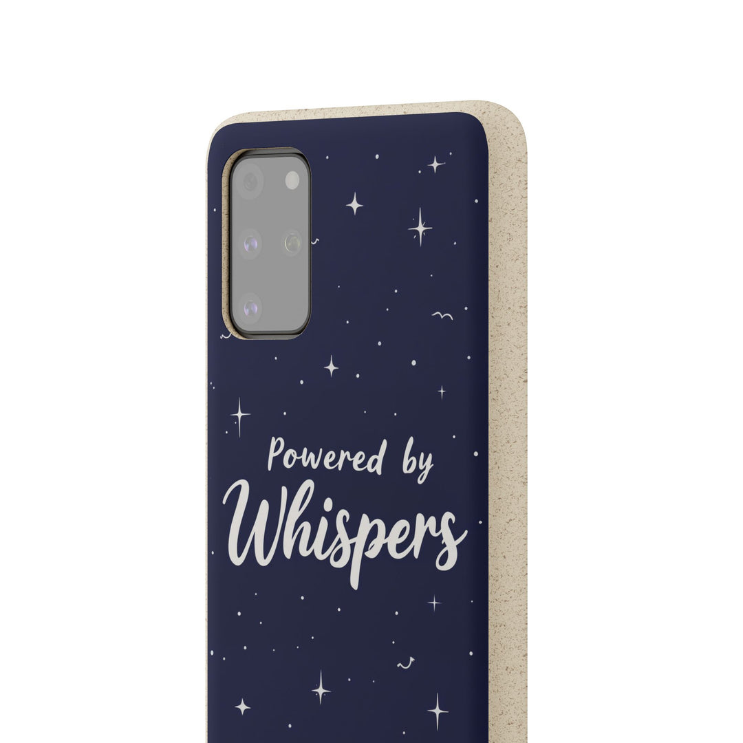 Eco-friendly Samsung case "Powered by Whispers" with starry design, made from biodegradable materials for various phone models.