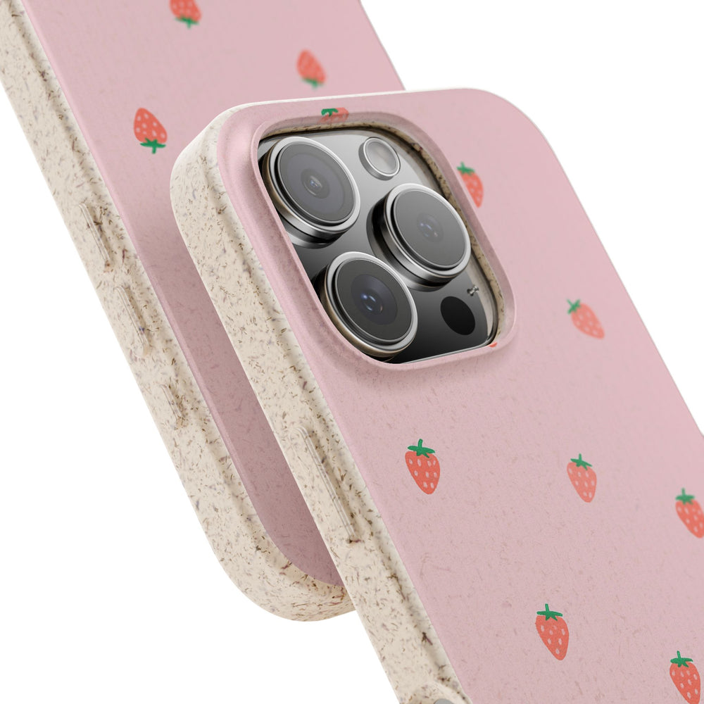 Eco-friendly Strawberry Sugar iPhone Case with cute strawberry design, biodegradable and durable for summer vibes. Fits many models.