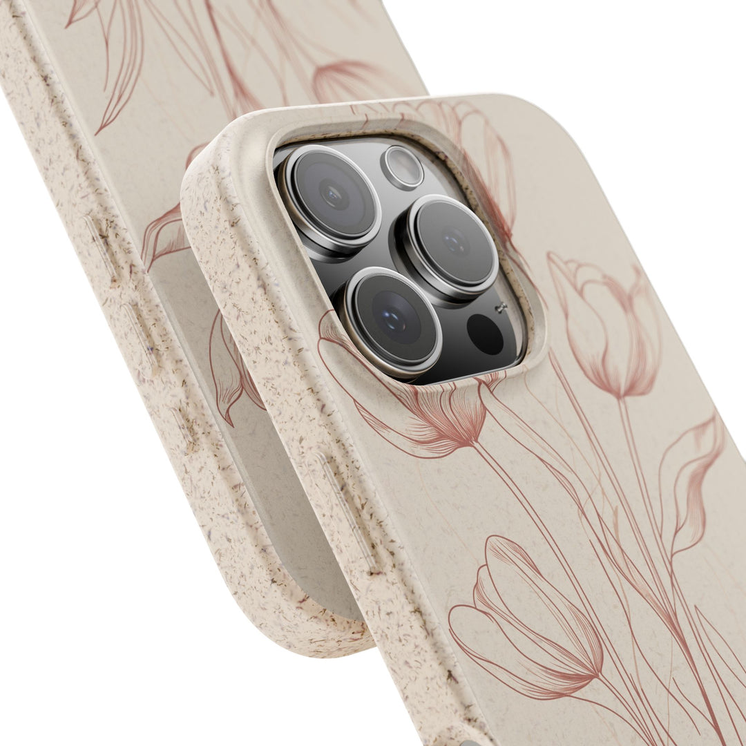 Eco-friendly red floral art phone case, biodegradable, durable, fits many iPhone and Samsung models, stylish and protective design.