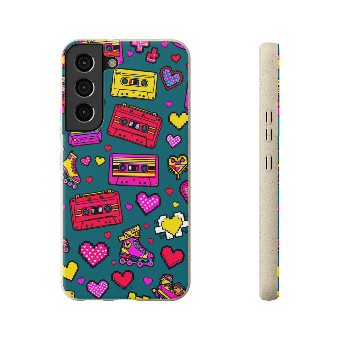Eco-friendly Pixel Pop Paradise Samsung case with retro cassette and roller skate design, fits many models, biodegradable material.