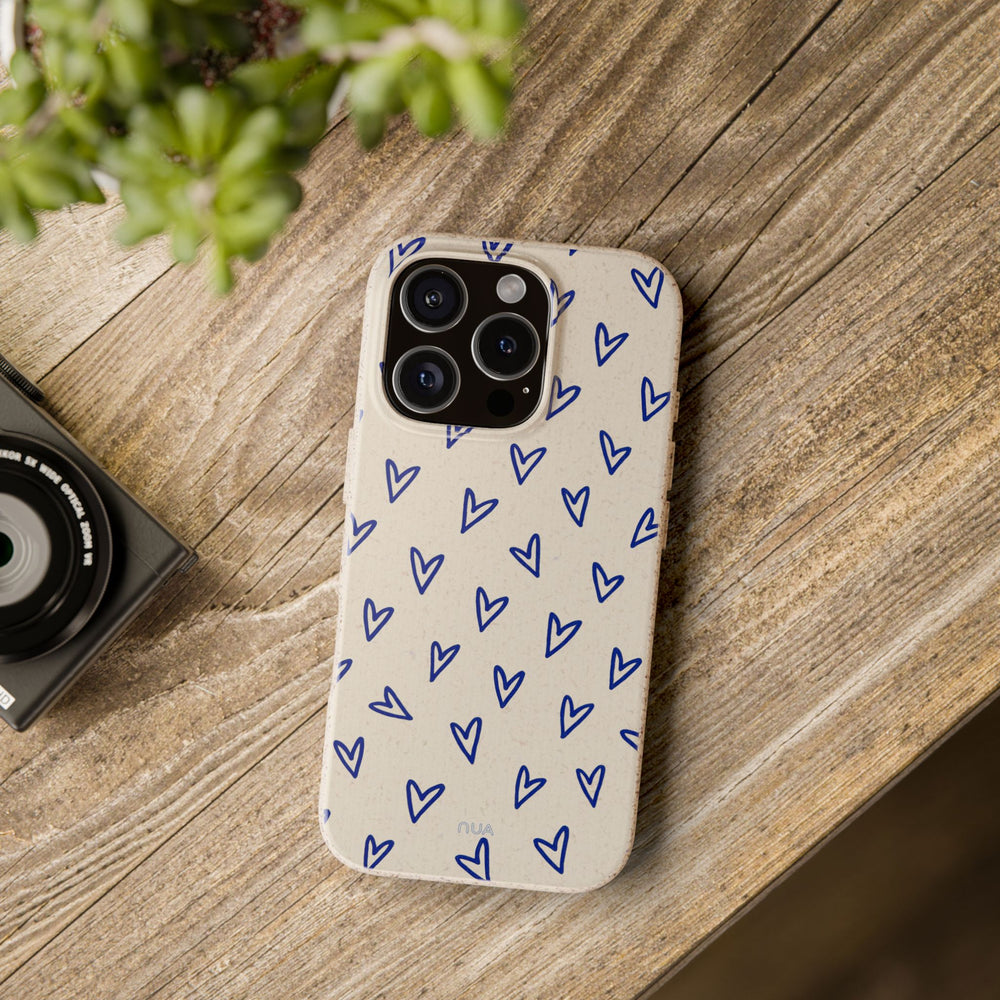 Eco-friendly iPhone case with heart pattern, perfect for sustainable living. Durable and suitable for many iPhone and Samsung models.