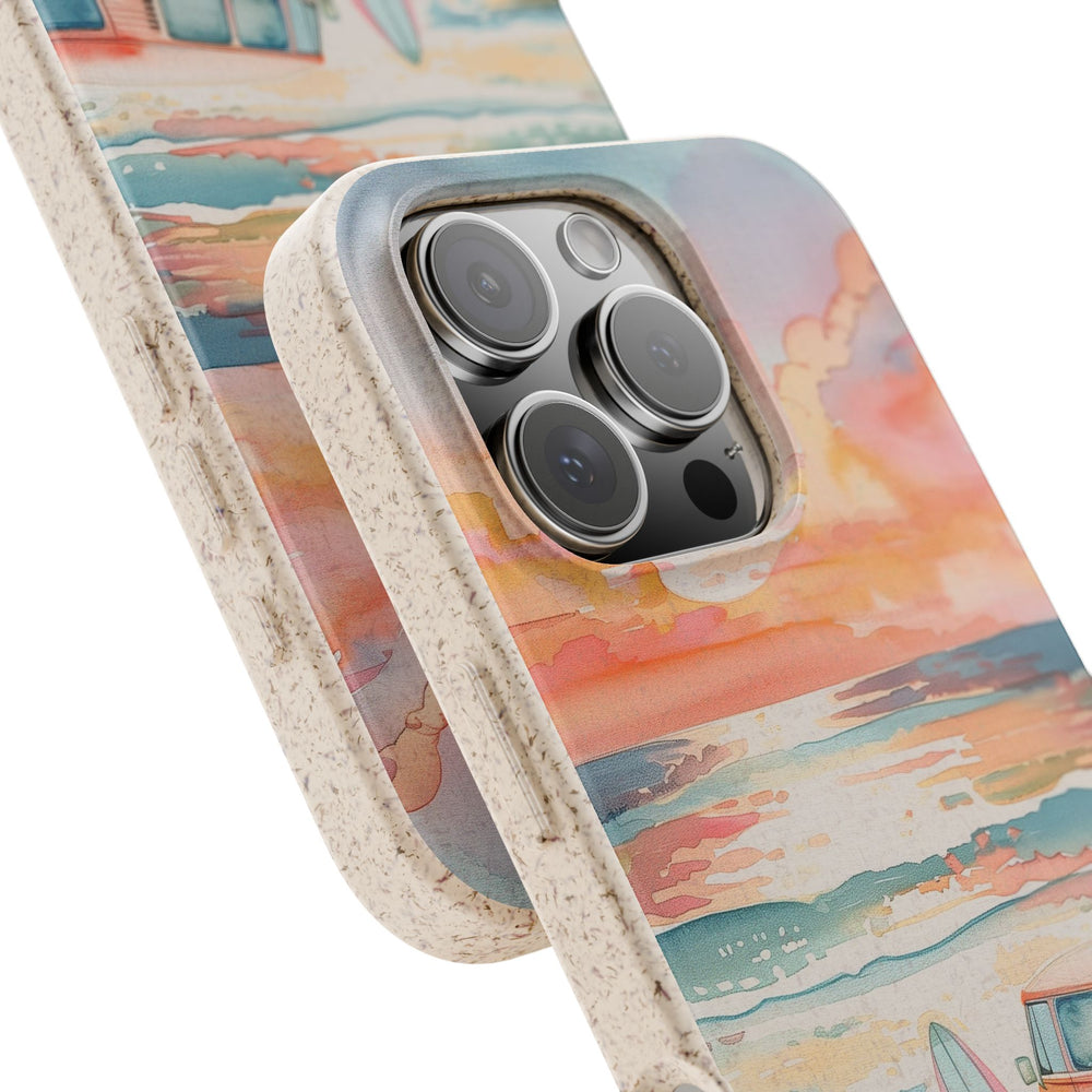 Eco-friendly Beach Vibes iPhone case with surfboard design, vibrant colors, durable protection, suitable for many iPhone models.