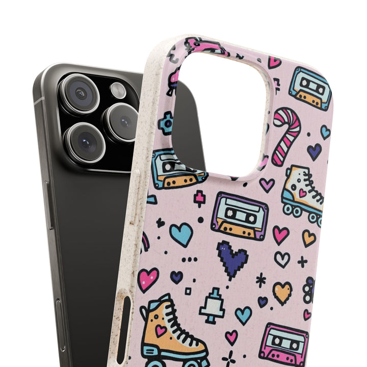 Nostalgia Drip iPhone Case with vibrant retro patterns, eco-friendly and durable, fits many iPhone and Samsung models.