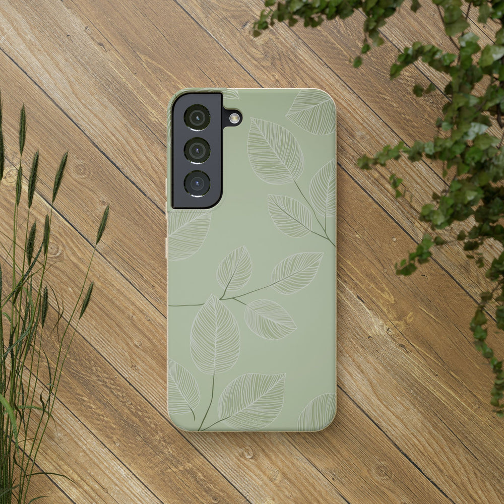 Eco-friendly green Samsung case with leaf design on wooden background, perfect for nature lovers using many iPhone and Samsung models.