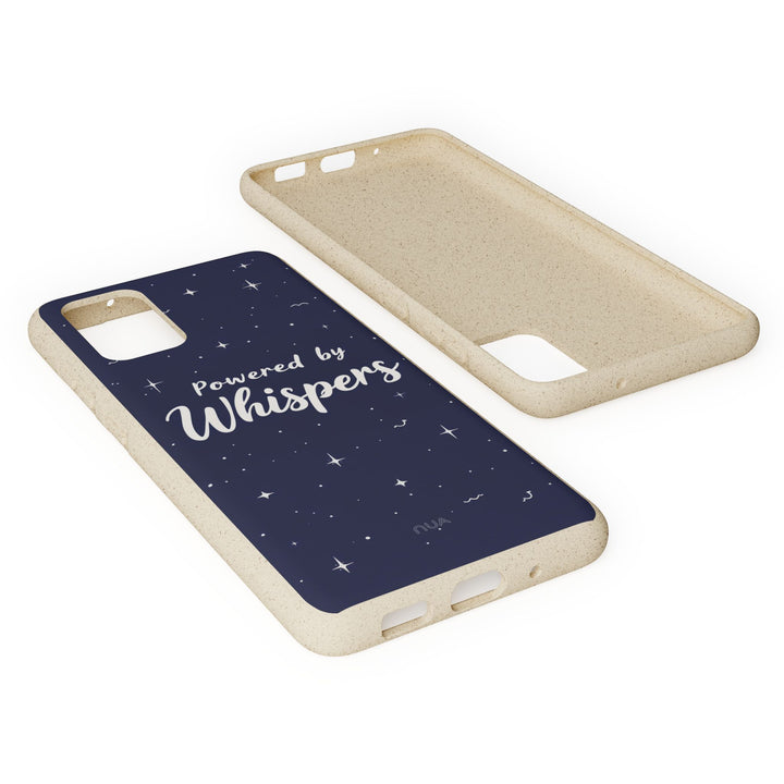 Eco-friendly Samsung case 'Powered by Whispers', biodegradable and durable design, fits iPhone and Samsung models. Vibrant blue cover.
