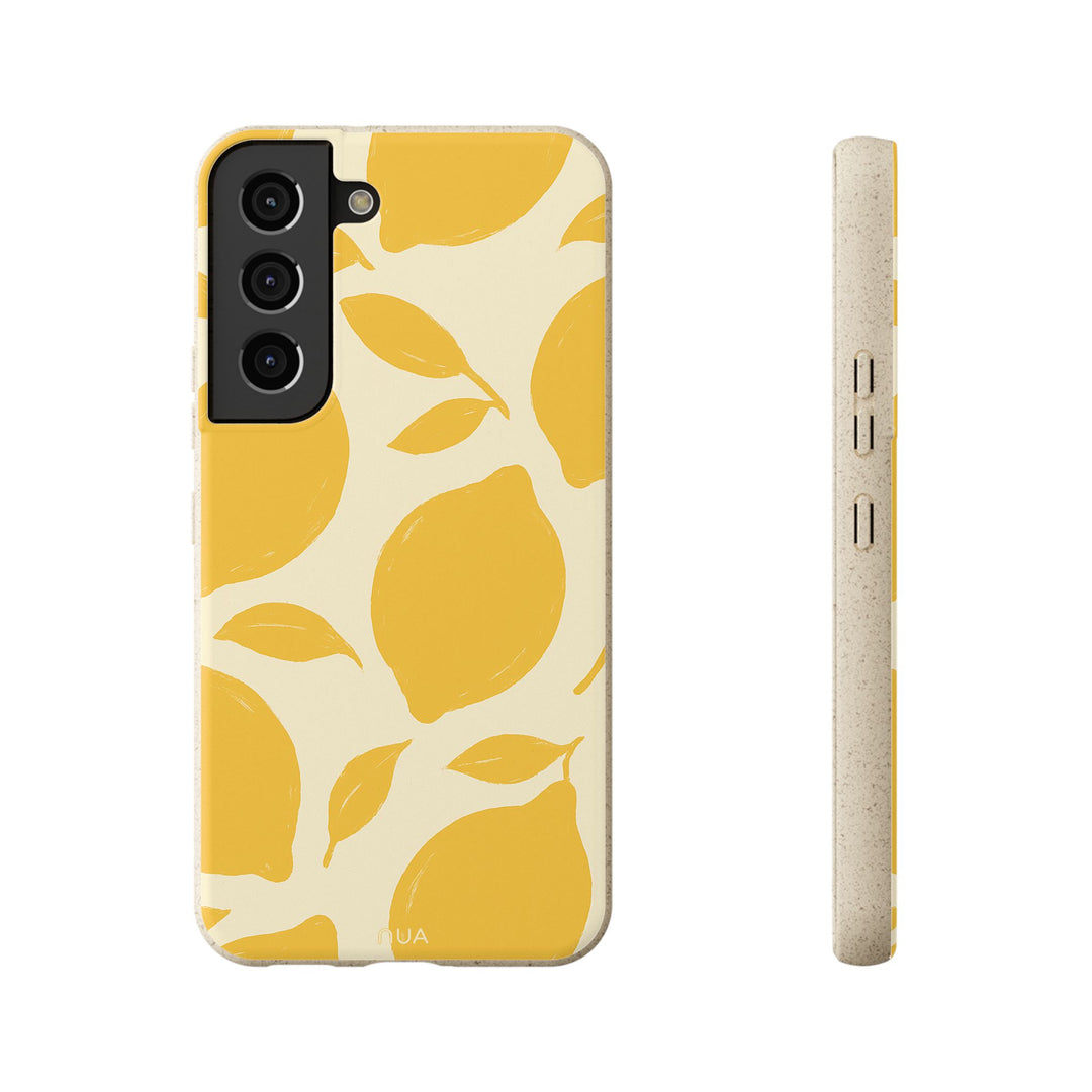 Citrus Pop eco-friendly Samsung case with lemon pattern, biodegradable material, perfect for summer vibes, Magsafe compatible.