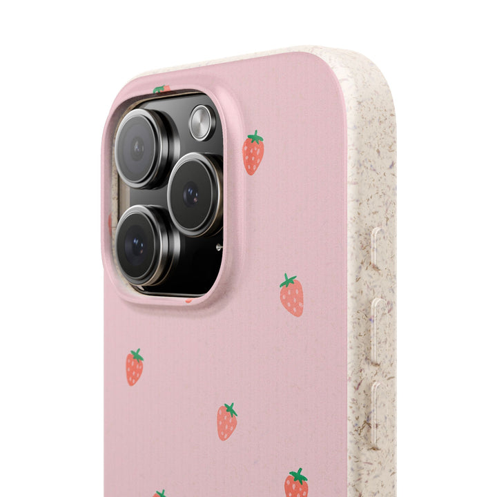 Strawberry Sugar iPhone Case in pink with small strawberries, eco-friendly and durable. Perfect for many iPhone and Samsung models.
