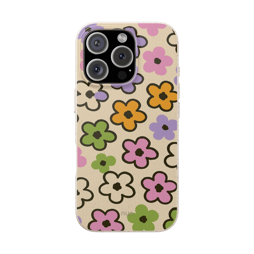 Eco-friendly Doodle Bloom Delight iPhone case with colorful floral design, fits many iPhone and Samsung models.