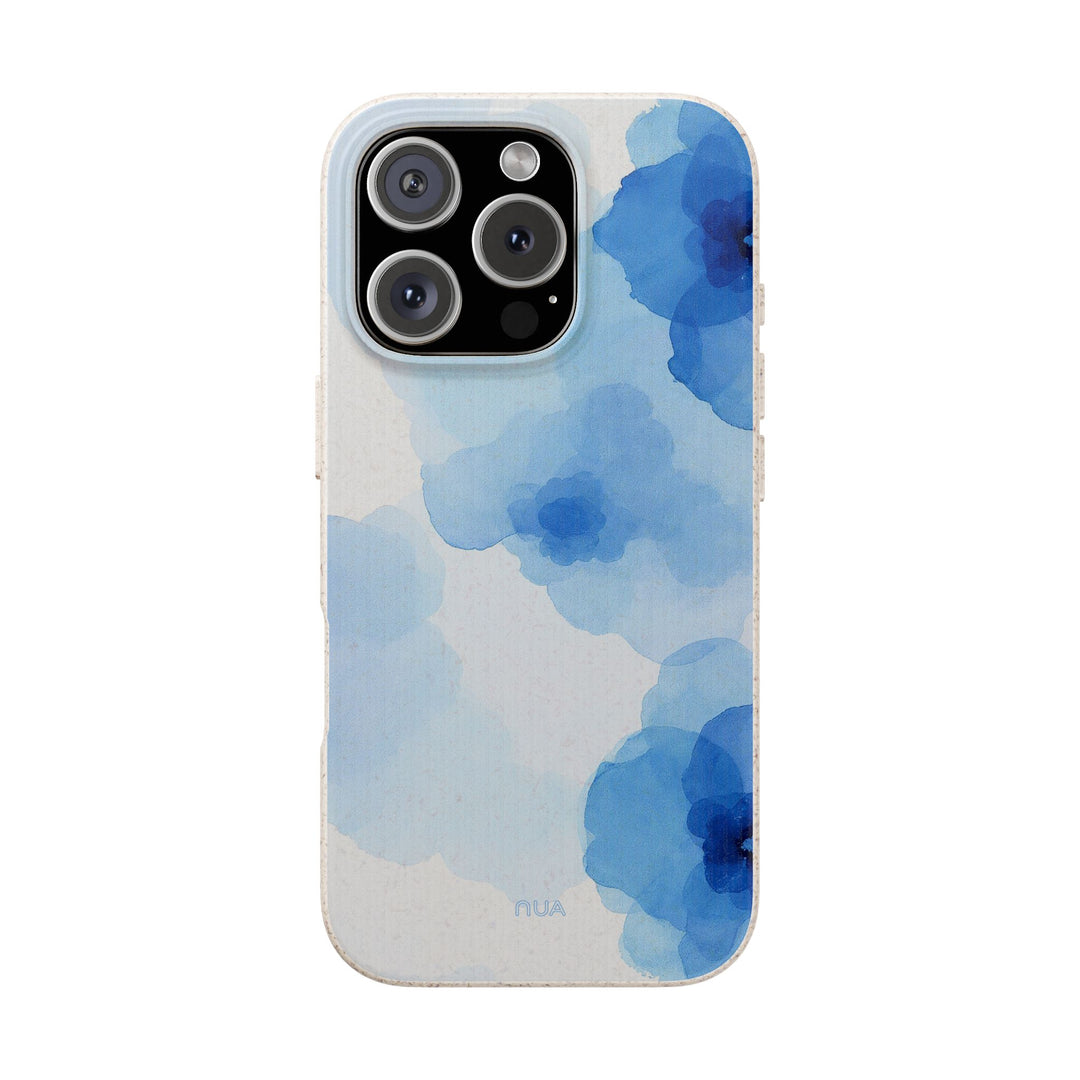 Eco-friendly iPhone case with watercolor blue blooms, matte finish, fits many iPhone and Samsung models, blends style and sustainability.