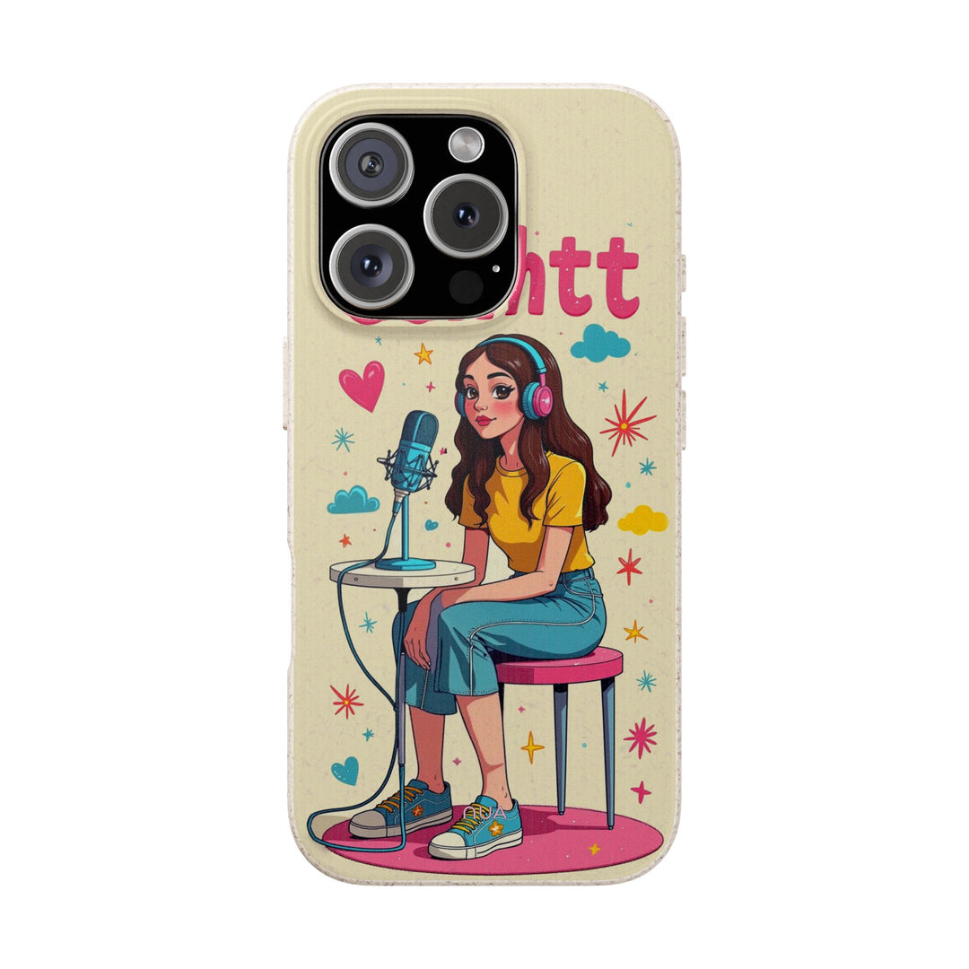Eco-friendly Rapunzel ASMR iPhone cover with vibrant colors, cartoon Rapunzel, and a microphone design. Fits many models.