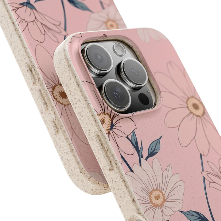 Pink eco-friendly floral phone case for iPhone and Samsung with durable, matte finish, offering stylish protection.
