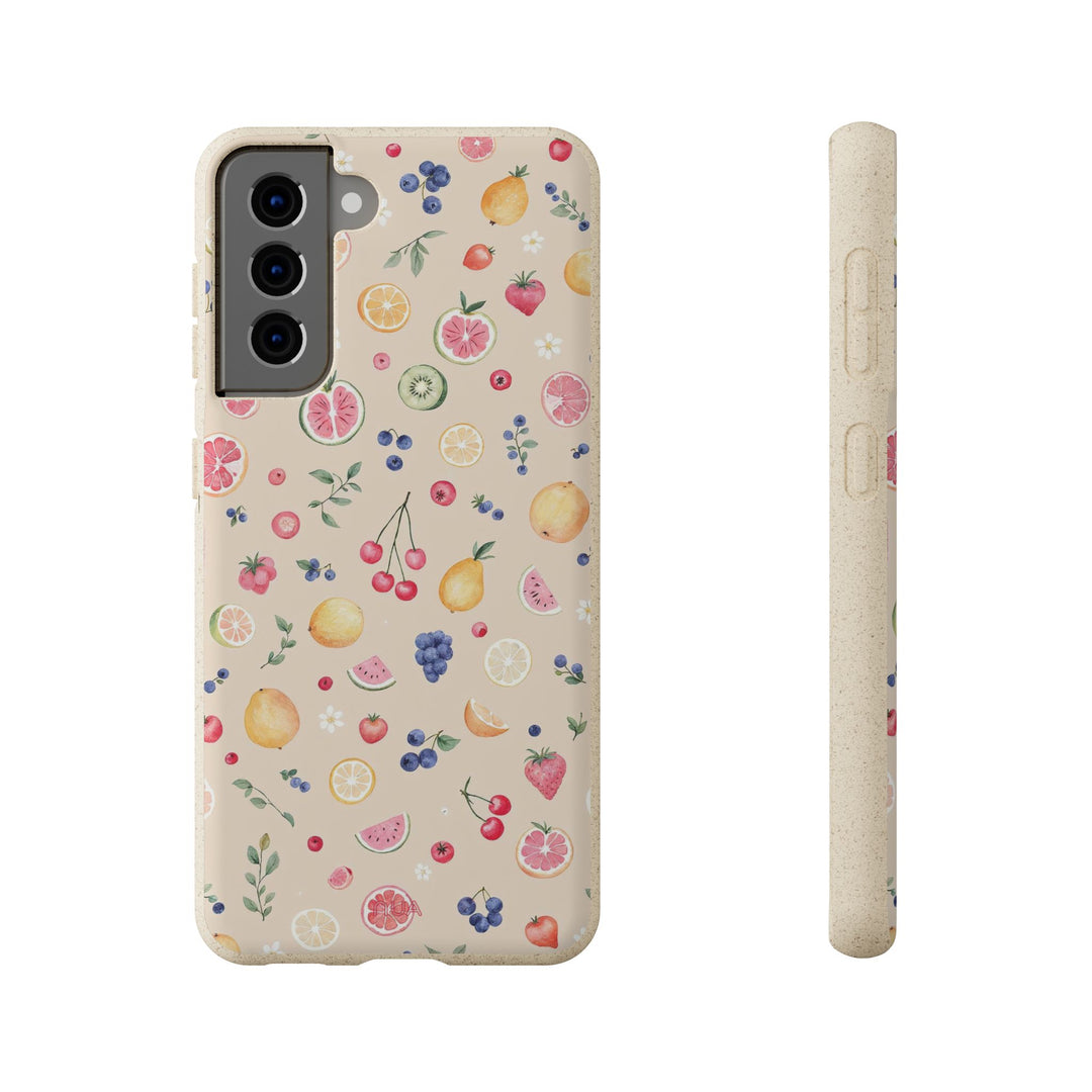 Eco-friendly Samsung case with vibrant fruit design, made of plant polymer and bamboo fiber. Stylish, durable, and biodegradable.