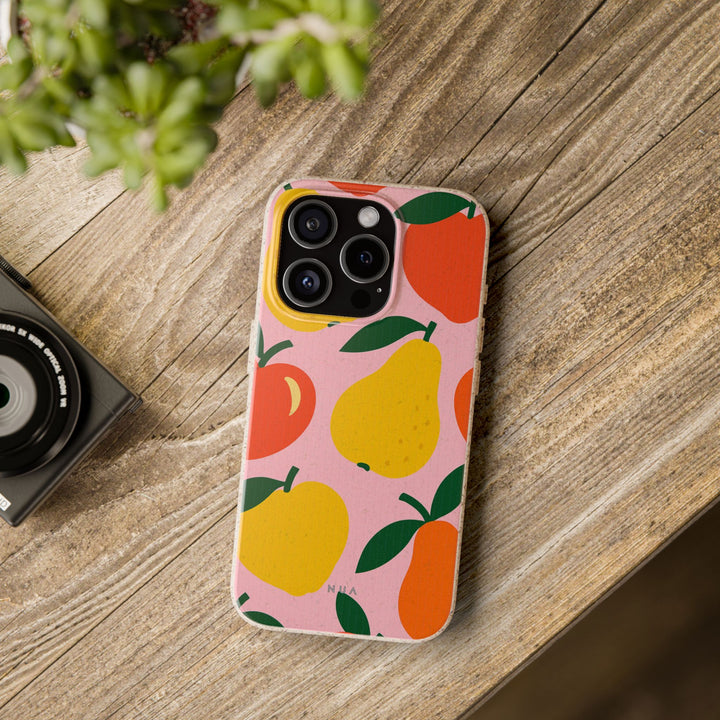 Eco-friendly fruit pattern phone case on wood surface, vibrant colors, durable and stylish, perfect for sustainable living advocates.