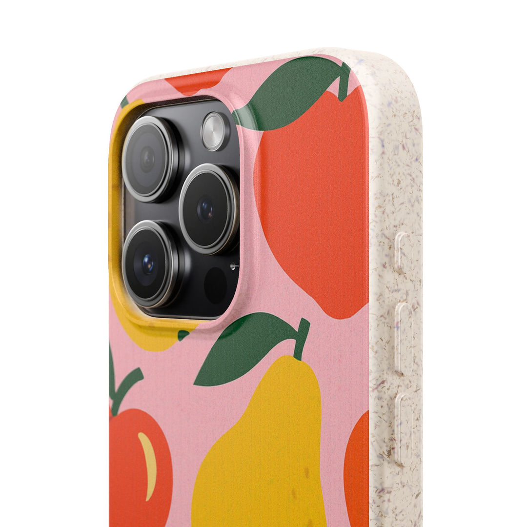 Eco-friendly phone case with vibrant fruit pattern, biodegradable material, and durable stylish design for sustainable living.