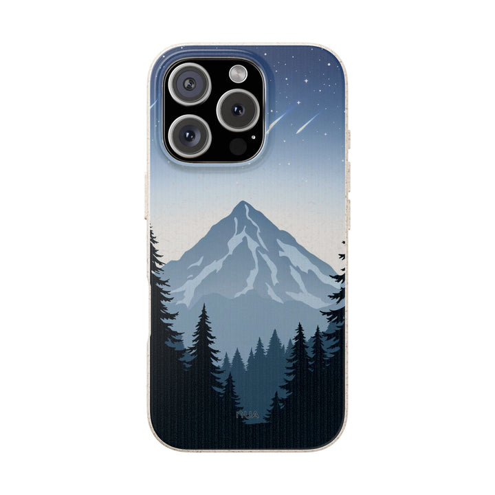 Eco-friendly mountain design iPhone case, biodegradable, durable, fits many iPhone and Samsung models, nature-inspired aesthetic.