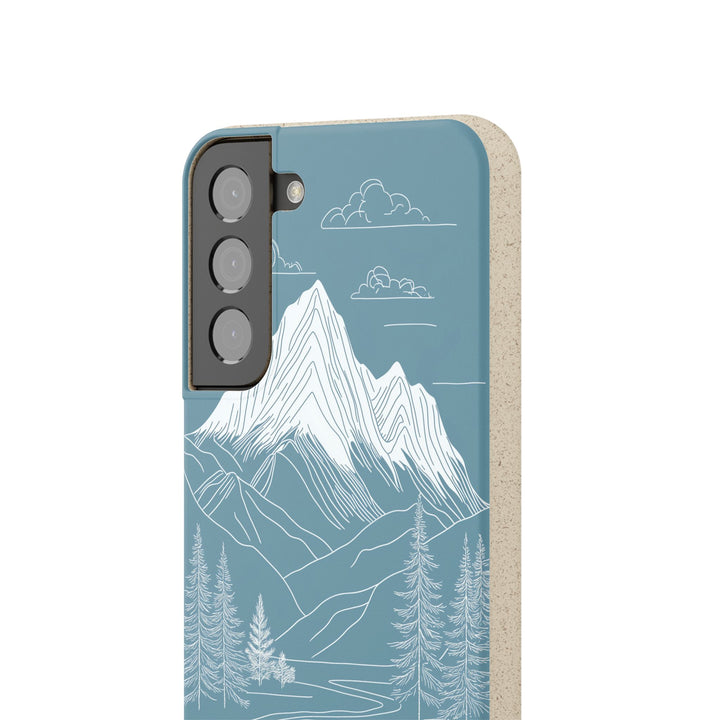 Whispers of the Mountains eco-friendly Samsung case with minimalist white mountain line art, durable and compatible with many phone models.