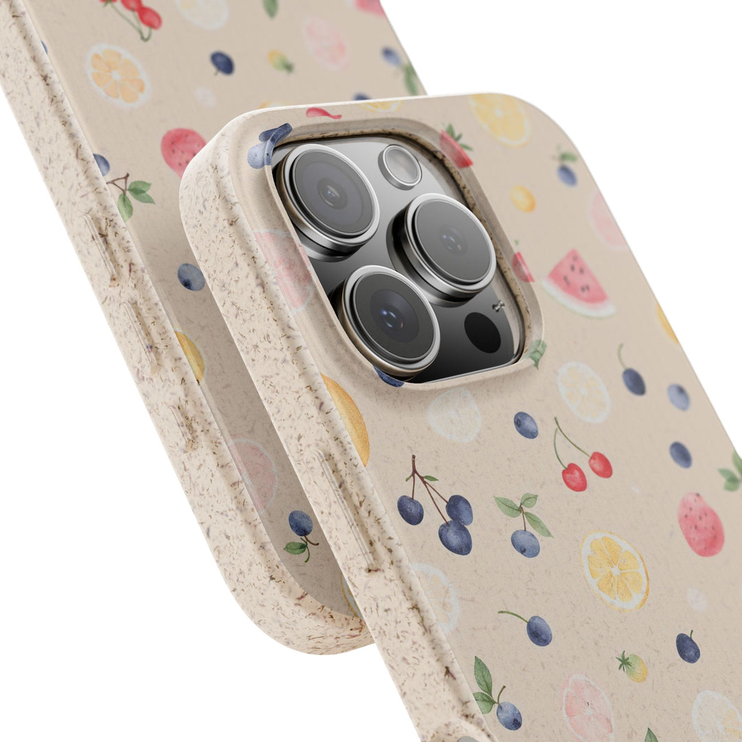 Eco-friendly biodegradable phone case with vibrant fruit pattern, compatible with iPhone and Samsung models, durable protection.