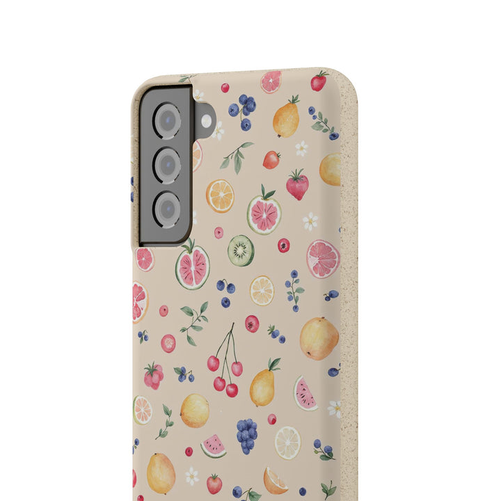 Eco-friendly Samsung case with vibrant fruit garden design made from PLA and bamboo, ideal for nature lovers. Fits many phone models.