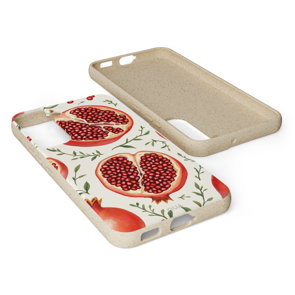 Eco-friendly vibrant pomegranate phone case for Samsung models, featuring durable PLA plant polymer and bamboo binder.
