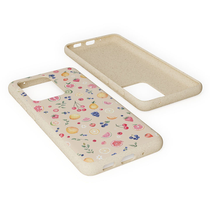 Eco-friendly Samsung case with a vibrant fruit garden design made from plant polymer and bamboo fibre, durable for many models.