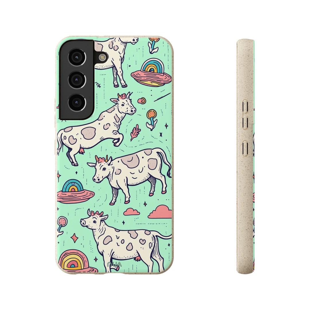 Eco-friendly Samsung case with playful cow and rainbow design, perfect for many iPhone and Samsung models, durable and unique.
