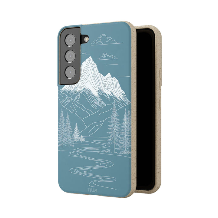Eco-friendly Samsung case with white-on-blue mountain art, perfect for nature lovers seeking a durable and stylish accessory.