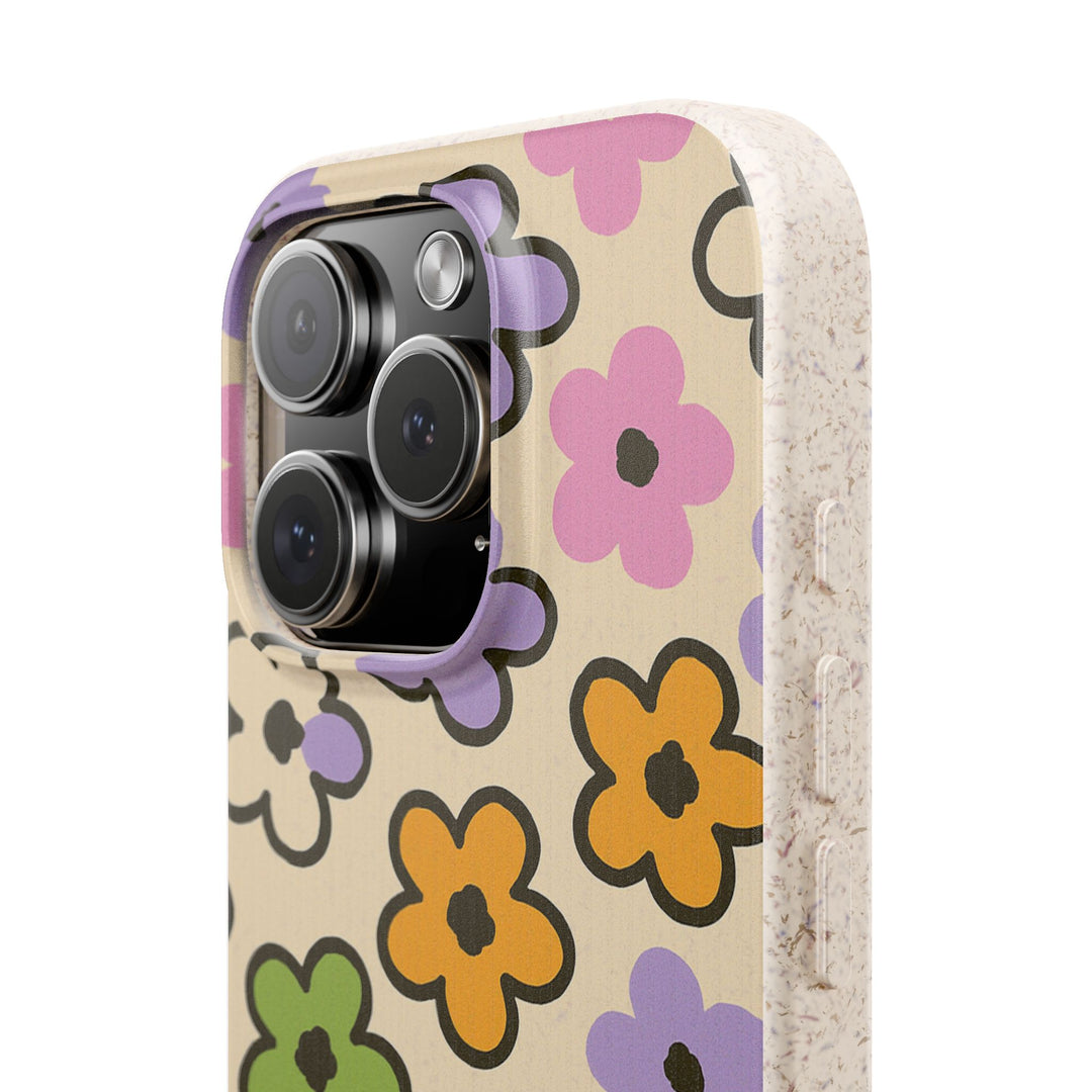 Eco-friendly Doodle Bloom Delight iPhone case with vibrant floral design, compatible with many iPhone and Samsung models.
