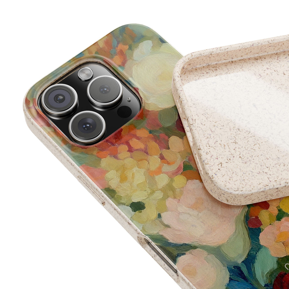 Eco-friendly Impressionist Garden Bloom iPhone case with dreamy floral design, compatible with many models, showcasing vibrant colors.