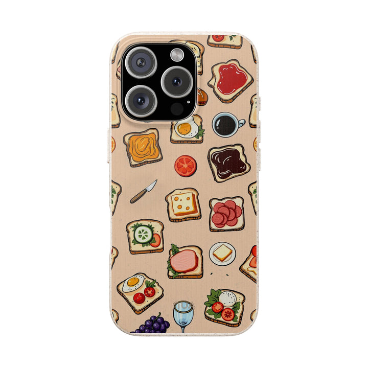 Eco-friendly phone case with vibrant toast design, compatible with many iPhone and Samsung models, perfect for foodies.