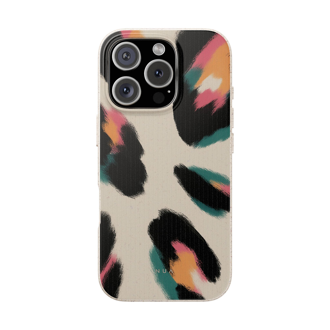 Eco-friendly leopard design iPhone case with vibrant colors, stylish biodegradable cover, perfect for sustainability-conscious users.