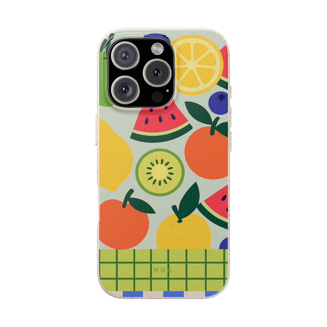 Fruity Fun Vibe Eco-friendly iPhone case with colorful fruit design, durable, stylish, Magsafe compatible, biodegradable.