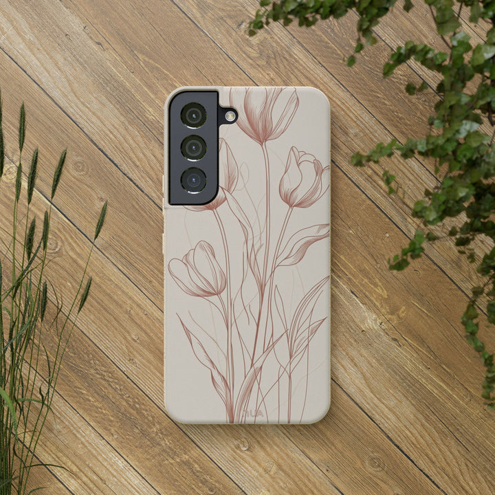 Eco-friendly red line art floral Samsung phone case with frosted finish on wood background. Fits many models. Durable and stylish.