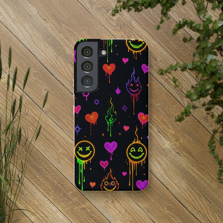 Neon Mood Samsung Case with vibrant eco-friendly design, featuring colorful hearts and smileys, on sustainable biodegradable material.